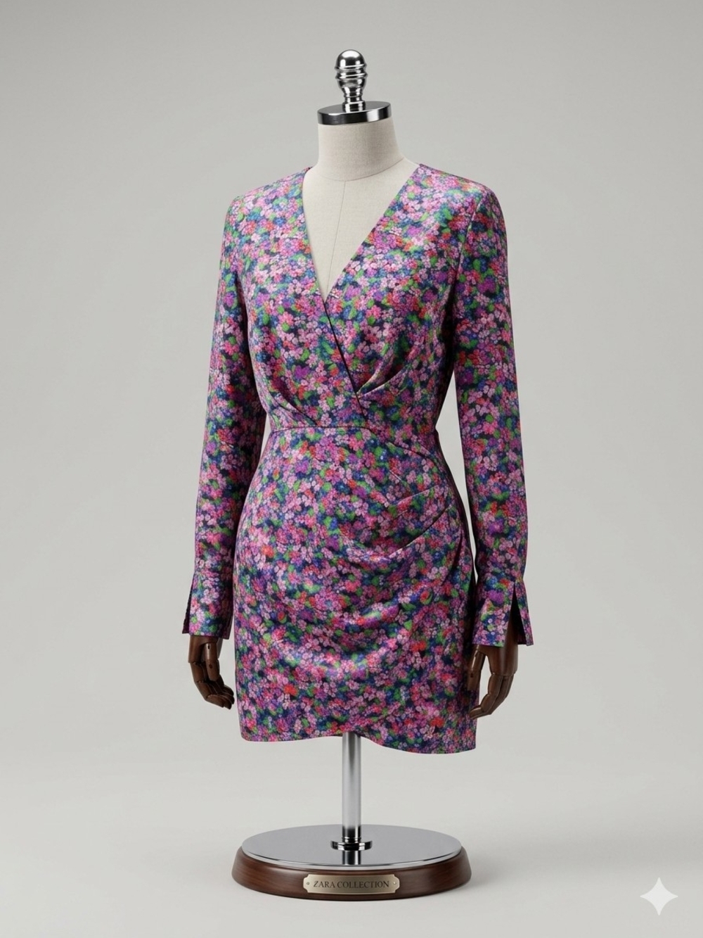 Zara Purple Multicolor Floral Wrap Long-Sleeve Dress